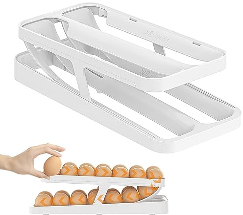 Eier Aufbewahrung Kühlschrank, Zweireihiges Doppeldeck Eierhalter für Kühlschrank, Automatisches Rollen Aufbewahrung 24–28 Eier, Kühlschrank Organizer für Küche Haushalt Space Saving - White
