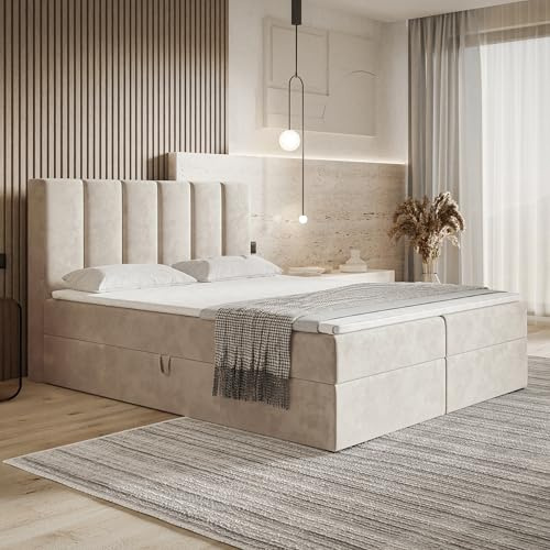 MOTIVENA Santiago Boxspringbett 180x200 Beige Samt, mit Taschenfederkern-Matratze (H3), mit Visco Memory-Foam Topper (H2), Boxspringbett 180x200 mit Bettkasten Beige (Creme)