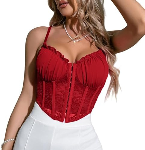 Haibang Debardeur Femme Eté en Dentelle Sexy Col en V Haut Court Chic Bretelles Spaghetti Crop Top Coupe Ajustée Corset Dentel Cami Tank Tops Chemisier Tendance Streewear Clubwear