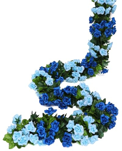 JUSTOYOU 2 pezzi 2.37 m Ghirlanda Artificiale Doppio Colore Blu Fiore Falso Ghirlanda di Rose Viti Appese Fiori di Seta Fiore Artificiale per Decorazione Esterna Interna Matrimonio Parete Bagno (Blu