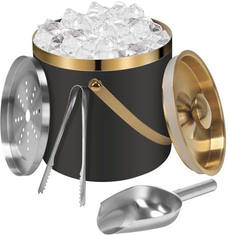 VirtuGro 3L Ice Bucket with Lid and Tongs Double Walled Insulated Ice Bucket Stainless Steel Champagne Buckets Large Ice Bucket for Parties Home Bars Pubs BBQs Picnics Cocktail Beer Wine, Gold & Black