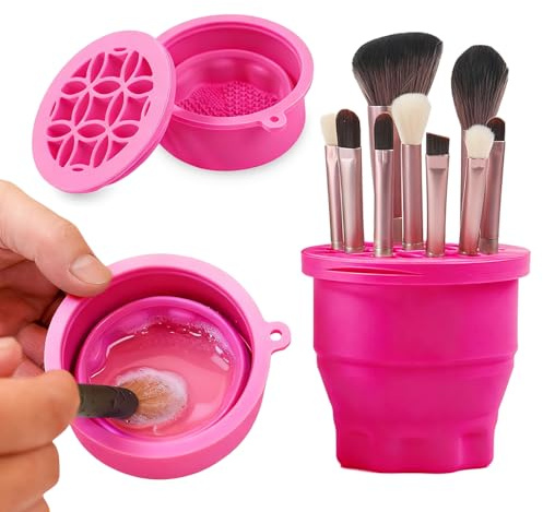 Makeup Brushes Cleaner Mat with Brush Storage Holder, Folding Portable Washing Tool for Makeup Brush Cleaning, 2 In 1 Silicone Brush Cleaner Pad & Cosmetic Brush Organizer Rack (Hot Pink)