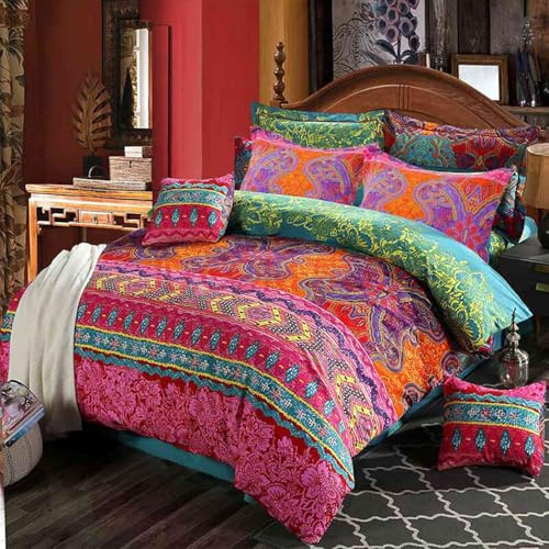 Boho King Size Duvet Cover, 3pc Bohemian Chic Exotic Quilt Cover Set, Lightweight Vintage Orange Blue Red Mandala Printed Duvet Cover with Zipper (90x104), Colorful