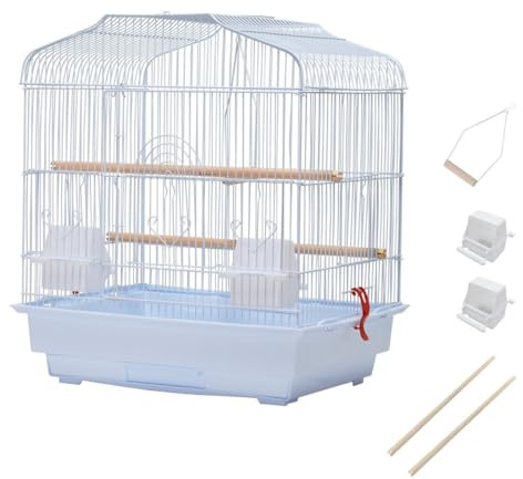 Small Bird Cage, Parrot Cage with Perches, Food Bowls, Swing & Removable Tray, White Wire Bird Travel Box for Home, Outing for Small Medium Birds Budgie Parakeet Cockatiel Canary 46 x 36 x 52 cm
