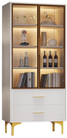 Azkoeesy Vetrina in vetro con luce a LED e ante in vetro, 2 cassetti, bianco, con manico dorato e gambe in metallo, moderna vetrina con supporto, 70 x 35 x 150 cm (larghezza x profondità x altezza)