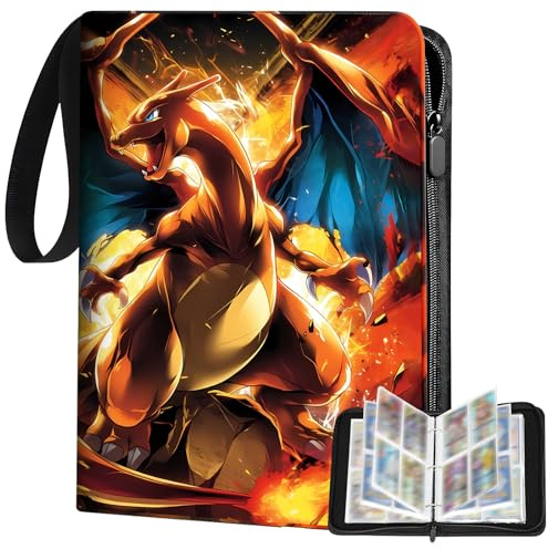 Hlisippa 4 Pocket Card Binder, Holds 50 Pages 400 Pockets, PU Trading Card Binder, Card Folder with Zipper Wrist Strap, Large Capacity Collection Binder