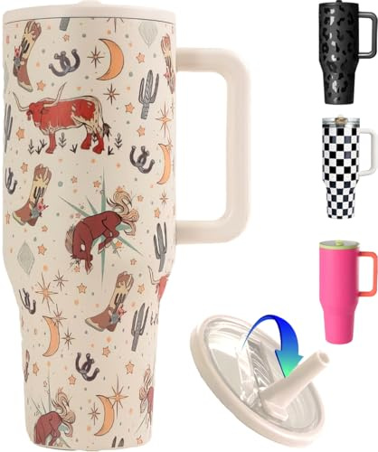 ZHUIYIWIN Termosmugg, Kaffemugg att ta med, Perfekt för varma & kalla drycker, vakuum, läckagesäker, drycksmugg med sugrör och handtag (Cowboy, 890 ml)