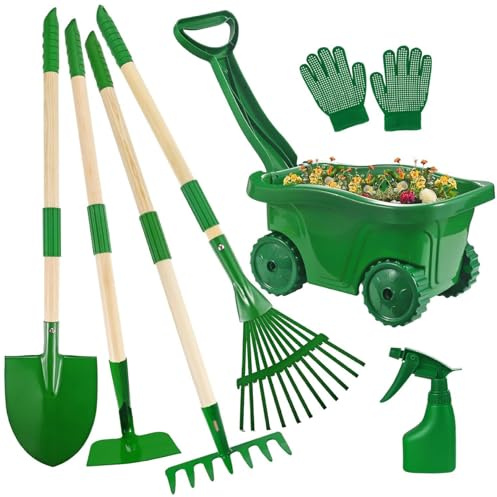 Pineeseatile Kids Gardening Tools, Kids Gardening Set 7-piece Toddler Set with Wheelbarrow, Shovel, Rake and Leaf Rake, Educational Garden Tools for Outdoor Backyard Play