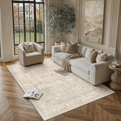PureCozy Vintage Tappeto Salotto 160x230cm Beige Soggiorno Antiscivolo Tappeti Lavabile in Lavatrice Grande Tapette Camera da Letto Ufficio Cameretta Bambino Carpet Pelo Corto Rug
