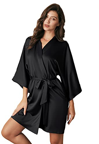 AW BRIDAL Black Silk Robes for Women and Ladies, Knee Length Satin Bathrobe with Pockets, Short Bridesmaid Robes for Wedding, Sexy Dressing Gown for Bridal Party, S