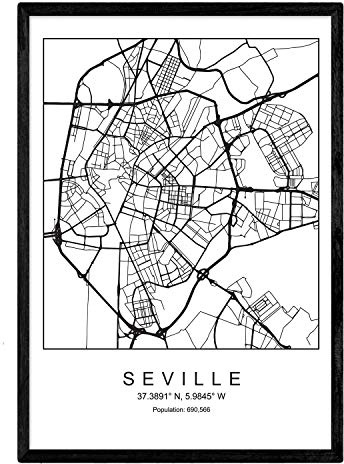 Nacnic Stampa Mappa della Città Stile scandinavo Siviglia in Bianco e Nero. A3 Formato della Carta Stampata No 250 gr. Dipinti, Stampe e manifesti per Soggiorno e Camera da Letto