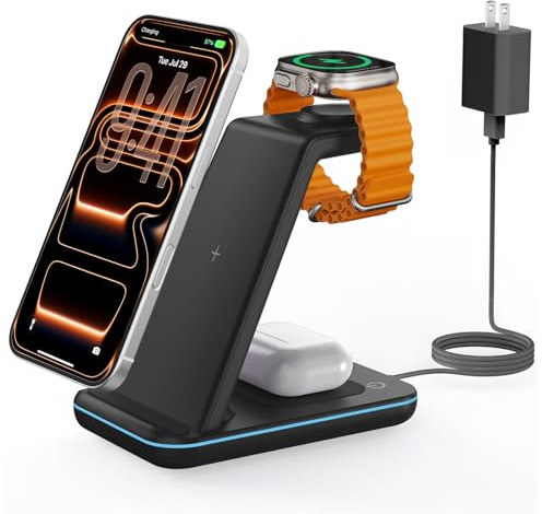 Wireless Charger for iPhone Charging Station: 3 in 1 Phone Charger Stand for iPhone 17/16/15/14/13/12/11/SE/X Pro Max Plus - Apple Watch 11/10/9/Ultra 2/8/SE/7/6/5 - AirPods 4/Pro 2/3