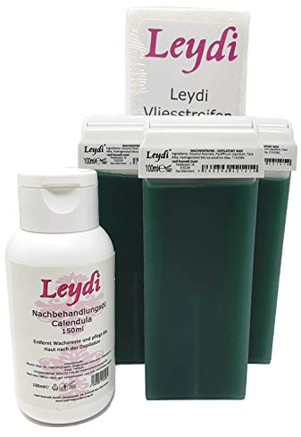 Nachfüllset aus 3 Leydi Wachspatronen Azulen, 100 Leydi Vliesstreifen und Leydi Nachbehandlungsöl für die Haarentfernung mit 100ml Roll-On Sets