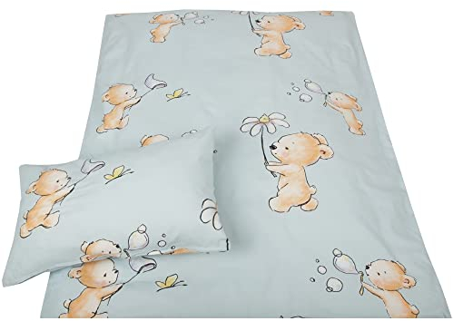 Kinder Bettwäsche 2-TLG (100x135cm / 40x60cm) Bettdecken Set, 100% Baumwolle - Babybettwäsche mit Motiv - Bärchen Blau