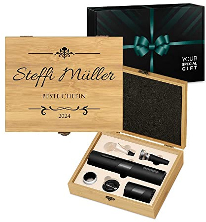 Maverton 6er Wein Zubehör Set mit Aufdruck - elektrischer Korkenzieher - automatischer Flaschenöffner - Wine Accessories - Weinöffner Set für Frauen - Weinset in Bambusbox - Eleganz