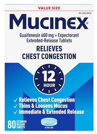 Mucinex 12 Hour 600 mg Guaifenesin Extended-Release Tablets for Excess Mucus Relief, Expectorant Aids Excess Mucus Removal, Chest Congestion Relief, 80 Bi-Layer Tablets