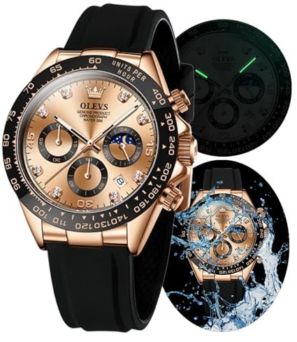 OLEVS Orologi da uomo al quarzo impermeabile cronografo analogico multifunzione fase lunare silicone diamante luminoso orologio da polso, nero argento, cronografo, digitale, Oro rosa, Cronografo