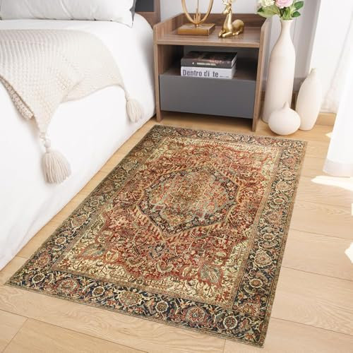 Imperial Rooms Machine Washable Bedside Small Rug 40x60 cm - Soft Short Pile Area Rugs For Bedroom Entrway Non Slip Floor Carpet Door Traditional Vintage Design Cashmere Mat For Kitchen, Majestic
