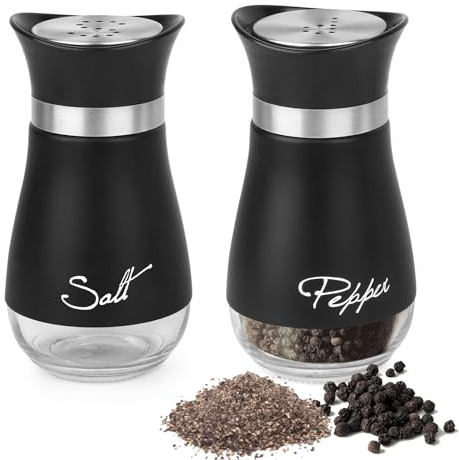 2 Stück Salz und Pfefferstreuer Klein Set, 120ml Glasboden Salzstreuer, Pfefferstreuer mit Edelstahl Deckel, für Küche, BBQ, Esstisch Wohnmobil Nachzufüllen und zu Verwenden (Schwarz)