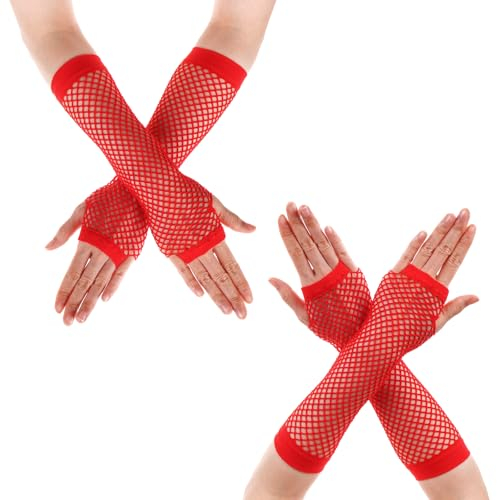 Yolev 2 Paar Netzhandschuhe Damen Lange Fingerlose Handschuhe Rot Armstulpen Netzhandschuhe 80er-Jahre Retro Party Disco Maskerade Kostüm Zubehör