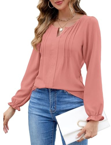 ROFUSSO Camisetas de Manga Larga con Cuello en V para Mujer Elegantes Camisas de Manga Larga Otoño Casual de Manga Larga Tops