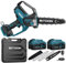BITOON 8 Inch Mini Chainsaw with 2PCS 3.0Ah Battery and Charger, Auto-Oiler, Brushless Cordless 8-Inch and 6-Inch 2-in-1 Pruning Chain Saw, Portable Electric Chainsaw for Cutting Wood, Branches Blue