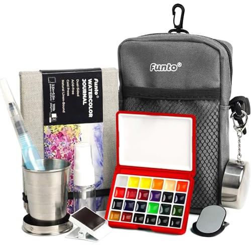 Funto Mini Watercolor Paint Set, Kit da viaggio premium tutto in uno con 24 colori, con borsa a tracolla, quaderno per acquerelli, pennello per acquerelli, bicchiere per pittura e presa magnetica