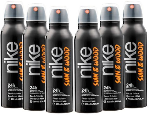 NIKE - Sun & Wood Pack de 6 x 200 ml, Desodorante Hombre Spray, Desodorante Antimanchas para Todo Tipo de Piel, 0% Sales de Aluminio, de Larga Duración, Fragancia Amaderada Frutal Ambarada