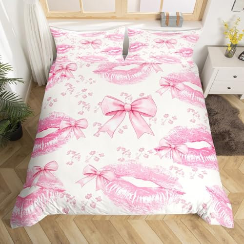 Manfei Hot Pink Lips Duvet Cover Set Single Size, Pink Bowknot Bedding Set for Kids Girls Women, Watercolor Bow Lips Flower Comforter Cover, Lightweight Bedspread Cover, 1 Pillowcase, No Comforter