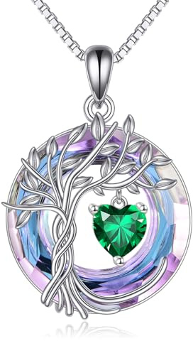 POPLYKE Lebensbaum Kette Baum des Lebens Kette Halskette 925 Sterling Silber Smaragd Mai Geburtstein Anhänger Halsketten mit Kristall