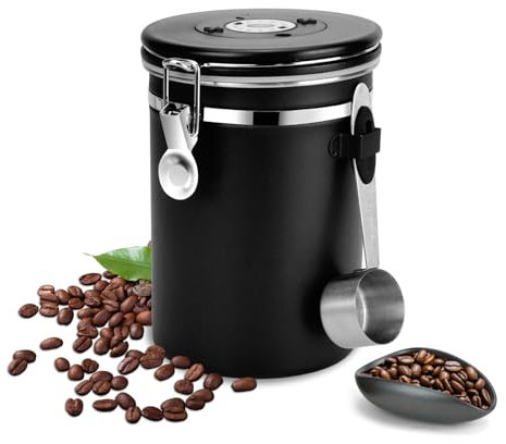 DIYJEP Lot de 2 Boîtes à Café Hermétiques en Acier Inoxydable 1,8 L, Boîte à Grains de café et Des Tasses et Cuillères à Café Rationnées, avec Suivi de la Date et Valve de CO₂ pour Poudre Sucre Thé