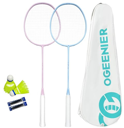OGEENIER Badminton racketset, lätt professionell badmintonracket, inklusive 2 greppband och 2 fjäderboll och 1 fjäderbollsracketväska för 2 personer