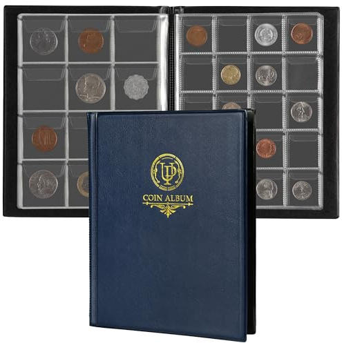 160 Pockets Coin Album - 10 Sheets Mixed Sizes Coin Holder 45x43/33x33 mm Collecting Grid for Pounds Pence Cents (Blue) CS48160BL