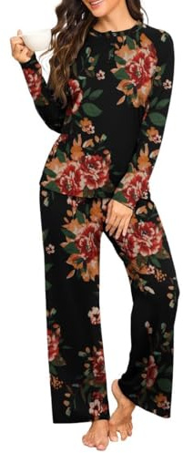 PrinStory Henley Pyjamas Women And Wide Leg Pants Pjs Set With Pockets Long Sleeve Ladies Pajamas Nightwear Loungewear (Red Black Flowers, L)