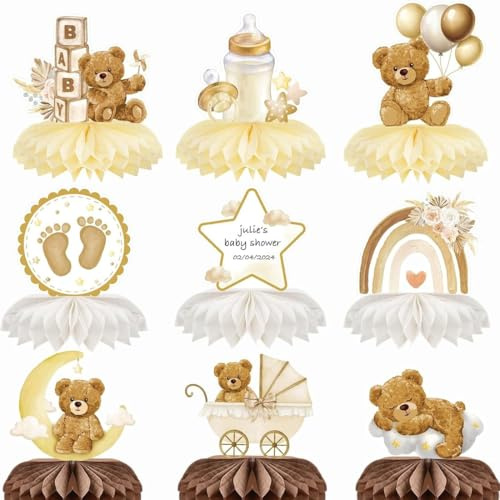YUVKIN 9 piezas Decoración de Mesa para Baby Shower, Centro de Mesa con Base de Panal, Motivo de Oso Marrón de Nacimiento, Fiesta Baby Shower, Adornos y Mesa Recién Nacida, Cumpleaños