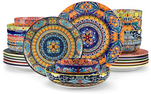 Service de Vaisselle 6 Personnes en Céramique, vancasso KRVI 24 Pièces Porcelaine Moderne, Service de Table Style Bohémien, Ensemble Assiettes et Bols, Service Combiné Coloré