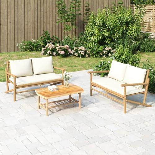 HOMELEN Trädgårdsbänk med krämvita kuddar i bambu, trädgårdsloungeset, balkongmöbelset, trädgårdsmöbelset underhållningsset, sittlounge, balkong, soffa, lounge, lämplig för trädgårdar, terrasser