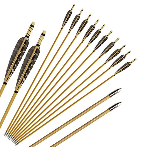 Huntingdoor 12er Holzpfeile mit 5 Naturfedern 31 Zoll Pfeile für Bogenschießen Erwachsene Bogenpfeil in Handarbeit Pfeil für Traditionellen Bogen Recurvebogen (Natürlich Federn)