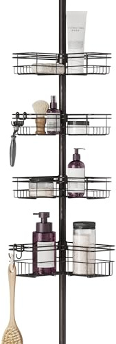 Zenna Home Tension Pole Shower Caddy Corner Organizer, Adjustable Standing Shower Caddy with 4 L-shaped Baskets and Hooks, Rust Resistant Bathroom Tension Rod Organizer, 60 to 97 Inch, Bronze