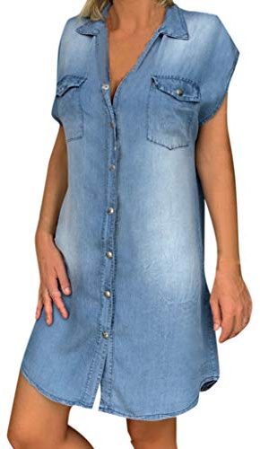 OverDose Soldes Robe en Jean Longue Femme Grande Taille Été Robe Chemise Manches Courtes Loose Casual Plage Maxi Dress