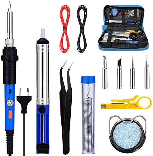 Fer à Souder Set 60W Kit de Soudage Électrique Interrupteur On/Off, Fer à Souder Température Réglable 220~480℃ 4 Pointe Soudage Pompe à Dessouder support Fil de Soudure Pincettes dénudeur de fil