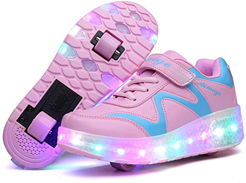 Unisex barn LED USB laddningsbar färgglada lysande gympaskor rullskridskor skor med dubbla hjul indragbara lätta utomhus sport crosstrainer gymnastik löpning sneakers för pojkar flickor, Pink686 dubbelhjul