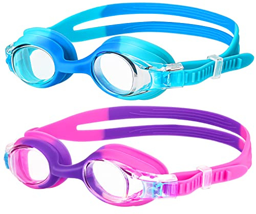 Starweh Kids Swim Goggles 2 Pack, Anti Fog No Leak Swimming Goggles for Boys Girls Ages 6-14, Wide View Soft Silicone Swim Goggles Kids – Blue, Purple & Pink