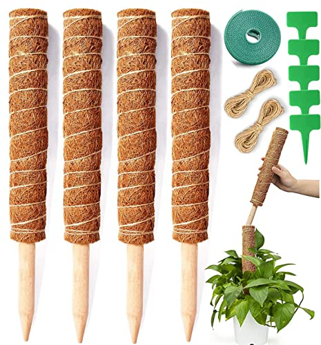 4 Pezzi Palo Totem in Fibra di Cocco, Ostegno Piante Rampicanti Bastone Muschiato Cocco Muschio Palo Totem in Cocco di Supporto per Piante per Pianta Monstera Deliciosa, 30CM