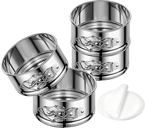 E-Gtong 4 Springform Cake Pan, 4 Pcs Stainless Steel Springform Pans with 50 Pcs Paper Liners, Leakproof & Nonstick Cheesecake Pan with Removable Bottom, Small Cake Pan for Mini Pizzas Quiches