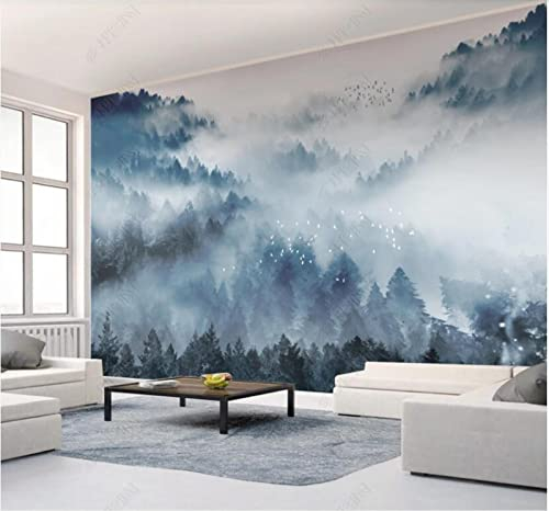 Fototapete 3D Effekt Vlies Tapete Wallpaper Wanddeko Wandbilder Retro-Kunst Blau Wald Regen Nebel Natur Landschaft Dekoration Hintergrundwand 400x280cm