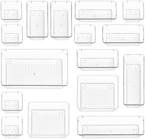 Stackzy Drawer Organiser Set – Makeup Organiser Tray for Drawers – Clear Cosmetics Container Tray for Bedroom – Utensil Cutlery Set Divider – Kitchen Storage & Organisation – 16pack