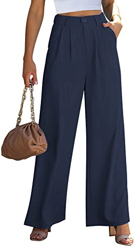 Roskiky Palazzo Pantalon Femme Travail Affaires Décontracté Robe Taille Haute Pantalon Fluide Bureau, Bleu marine, M