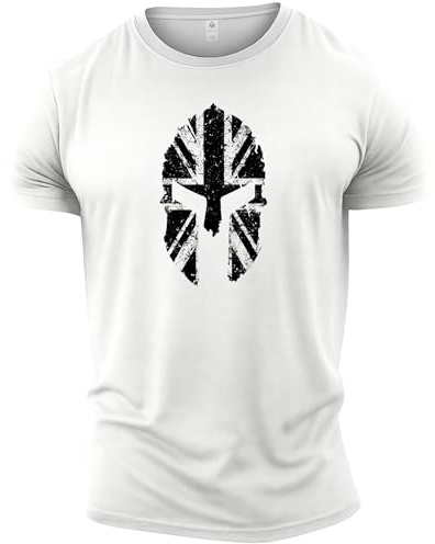 GYMTIER Spartan Helmet UK Flag Men's Gym T-Shirt Bodybuilding Training Workout Lifting Top Clothing, White, XXL