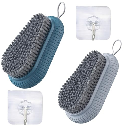 Buaak 2 Pcs Nail Brush, Heavy Duty Nail Brushes for Cleaning Finger Nails, Durable Stiff Bristles Nail Hand Scrub Brush, Nail Scrubbing Brush for Cleaning, Attached 2Pcs Adhesive Hooks (Blue, Grey)